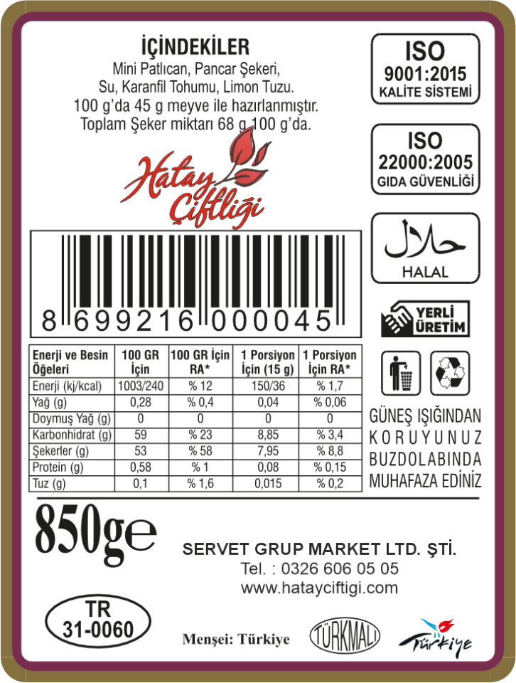 Patlıcan Reçeli 850Gr